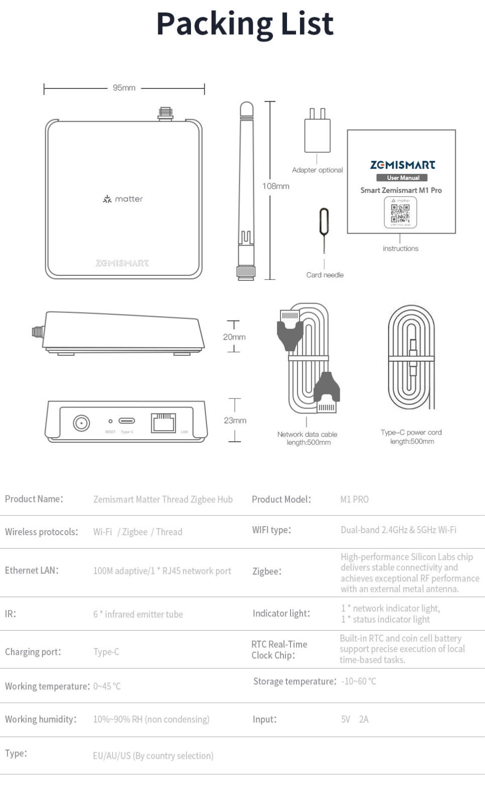 Trung tâm Hub Zigbee M1 Pro tương thích Matter Apple Homekit kích thước và phụ kiện
